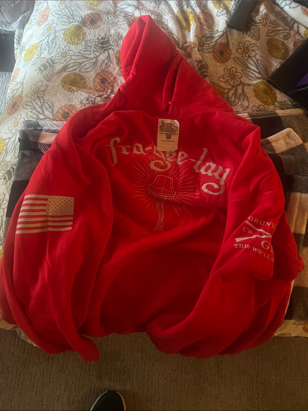 Grunt Style Red Pullover Hoodie with Graphic Print